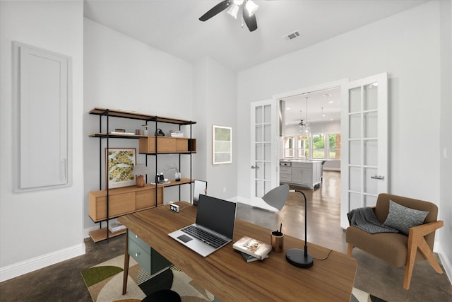 2730 Bryson Rd, Mansfield, TX 76063 - office area featuring french doors, a ceiling fan, and baseboards