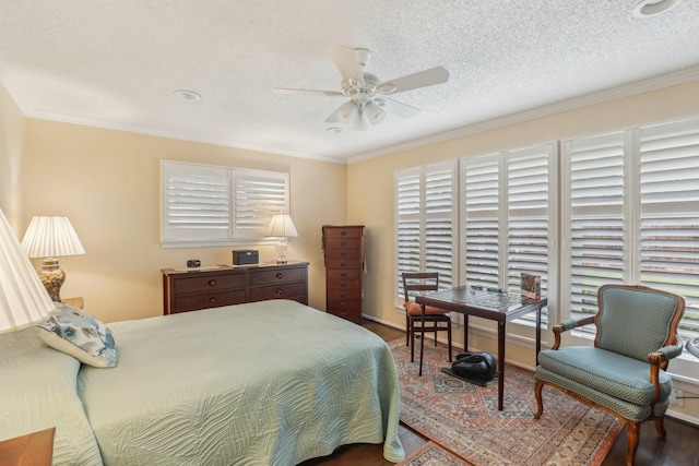 5008 Caliente Dr, Arlington, TX 76017 - bedroom featuring wood finished floors, crown molding, multiple windows, a textured ceiling, and ceiling fan
