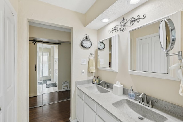 5008 Caliente Dr, Arlington, TX 76017 - bathroom with wood finished floors and double vanity