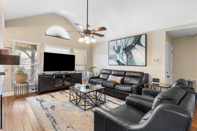 2098 Amber Ct, Lewisville, TX 75067 - living area featuring a ceiling fan, wood finished floors, and lofted ceiling