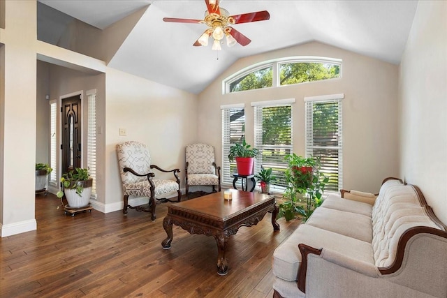 2098 Amber Ct, Lewisville, TX 75067 - living area featuring ceiling fan, lofted ceiling, and wood-type flooring