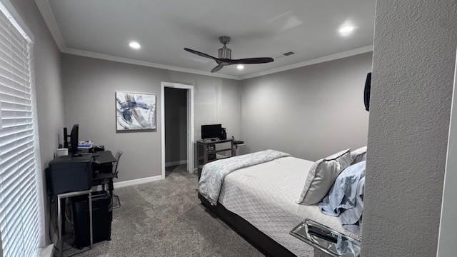 bedroom with an office area, carpet flooring, crown molding, recessed lighting, and a ceiling fan