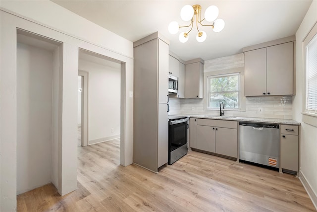 kitchen featuring stainless steel appliances, a sink, decorative backsplash, a chandelier, and light wood-style floors