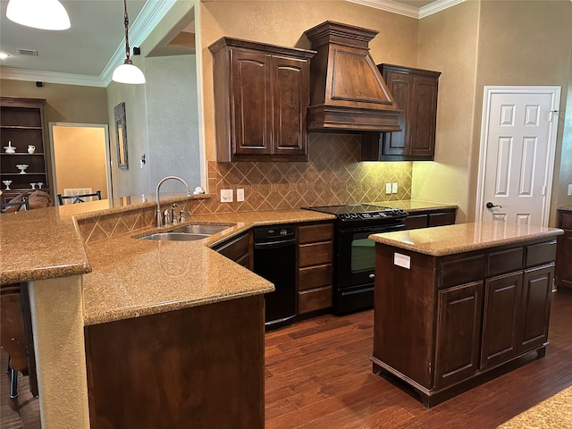 23196 J E B Cir, Frankston, TX 75763 - kitchen with black range with electric stovetop, a sink, custom range hood, crown molding, and dark brown cabinetry