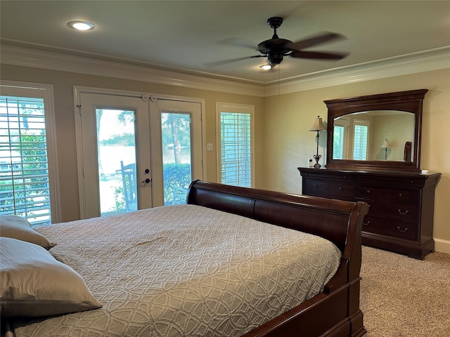 23196 J E B Cir, Frankston, TX 75763 - bedroom featuring access to outside, french doors, light colored carpet, crown molding, and ceiling fan