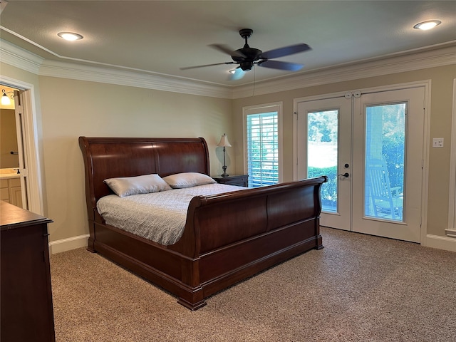 23196 J E B Cir, Frankston, TX 75763 - bedroom with light carpet, access to exterior, french doors, crown molding, and baseboards
