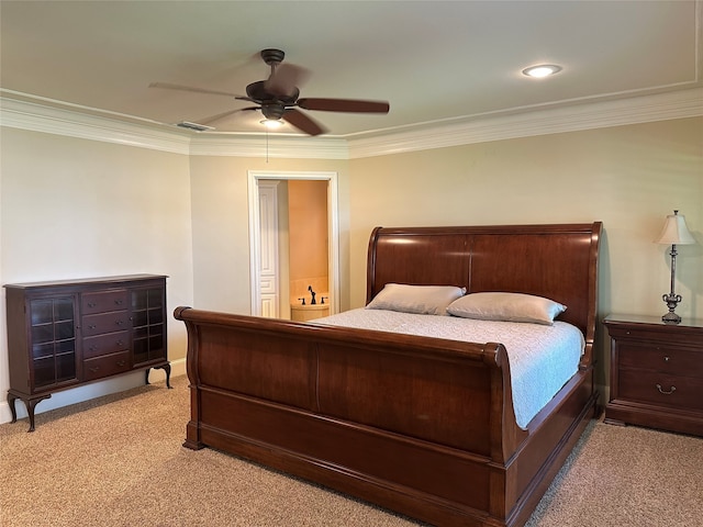 23196 J E B Cir, Frankston, TX 75763 - bedroom featuring light carpet, crown molding, a ceiling fan, and baseboards