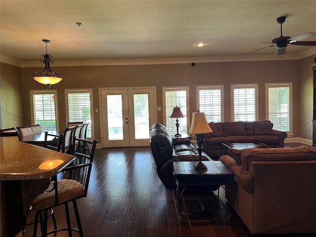 23196 J E B Cir, Frankston, TX 75763 - living room featuring a ceiling fan, dark wood-style flooring, crown molding, and french doors