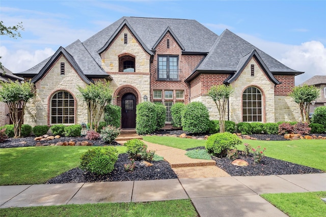 4290 Castle Bank Ln, Frisco, TX 75033 - view of front facade featuring stone siding, a front yard, a shingled roof, and brick siding