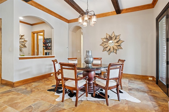 4290 Castle Bank Ln, Frisco, TX 75033 - dining room with arched walkways, stone tile flooring, baseboards, ornamental molding, and beamed ceiling