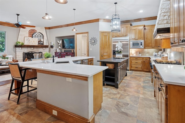 4290 Castle Bank Ln, Frisco, TX 75033 - kitchen featuring built in appliances, a spacious island, a sink, crown molding, and backsplash