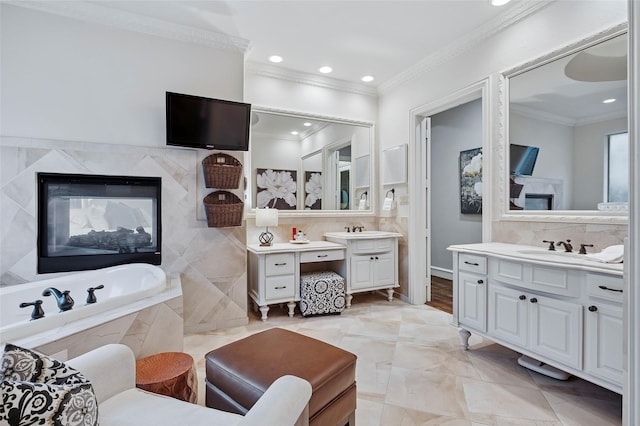 4290 Castle Bank Ln, Frisco, TX 75033 - full bathroom with crown molding, recessed lighting, two vanities, and tiled bath