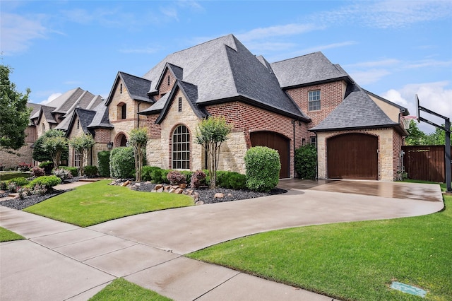 4290 Castle Bank Ln, Frisco, TX 75033 - french country style house featuring stone siding, a front lawn, a garage, and roof with shingles
