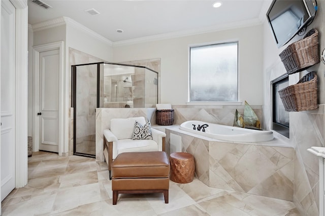 4290 Castle Bank Ln, Frisco, TX 75033 - bathroom featuring a bath, a stall shower, crown molding, and recessed lighting