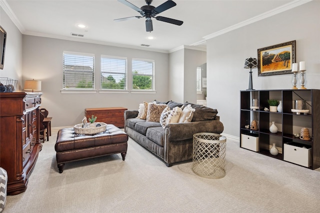 4290 Castle Bank Ln, Frisco, TX 75033 - living area with carpet flooring, a ceiling fan, ornamental molding, baseboards, and recessed lighting