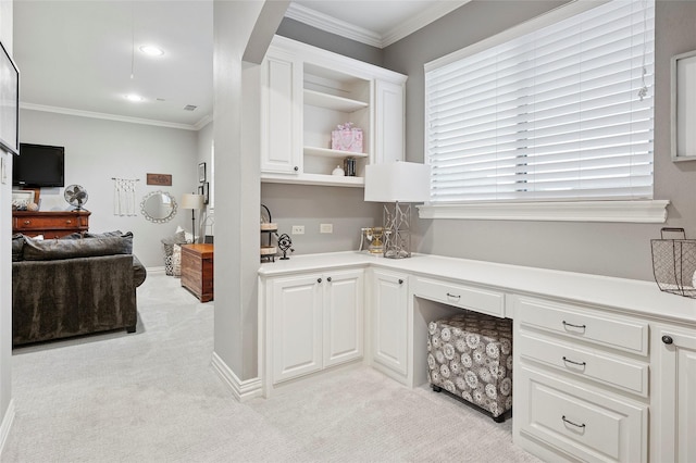 4290 Castle Bank Ln, Frisco, TX 75033 - kitchen with light colored carpet, open shelves, white cabinetry, crown molding, and light countertops