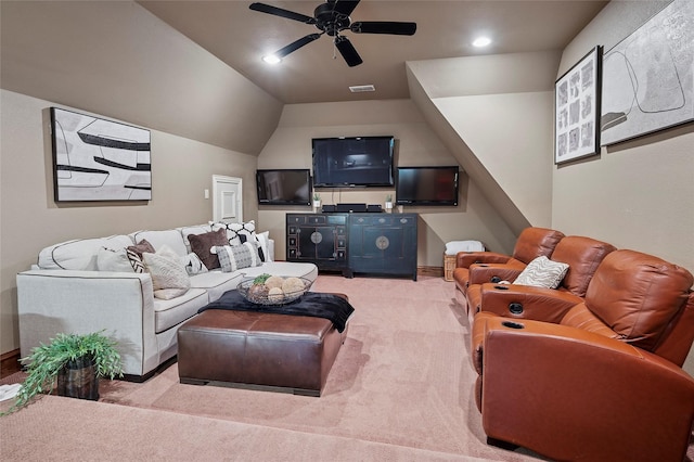 4290 Castle Bank Ln, Frisco, TX 75033 - living area with light carpet, a ceiling fan, lofted ceiling, and recessed lighting