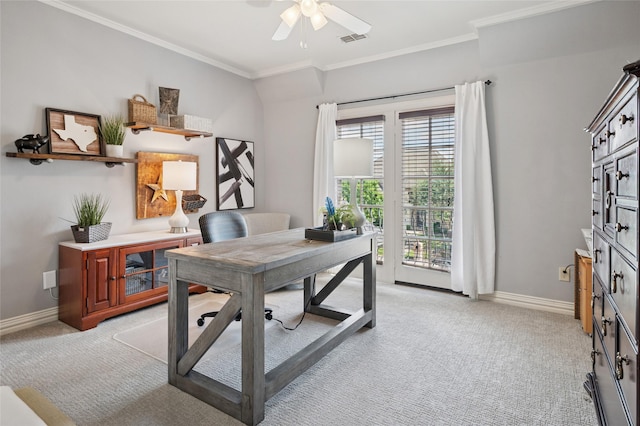 4290 Castle Bank Ln, Frisco, TX 75033 - office with a ceiling fan, light carpet, baseboards, and crown molding