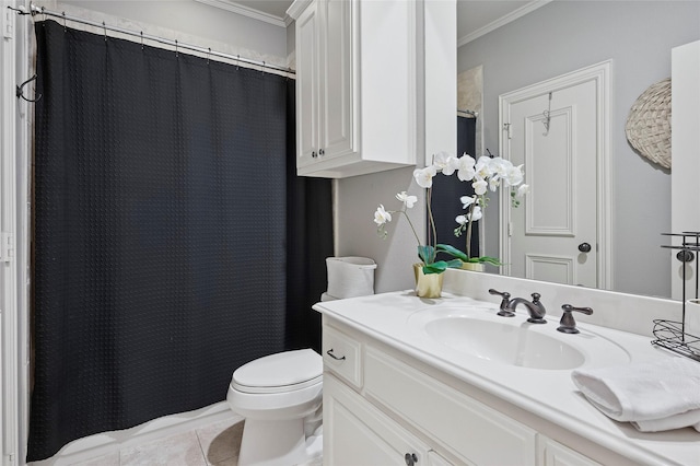 4290 Castle Bank Ln, Frisco, TX 75033 - full bathroom featuring crown molding, toilet, vanity, and tile patterned floors