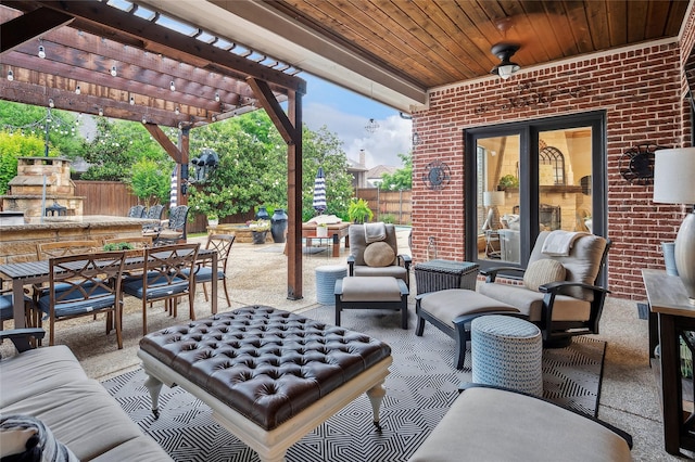 4290 Castle Bank Ln, Frisco, TX 75033 - view of patio / terrace featuring outdoor dining area, fence, a pergola, and an outdoor living space with a fireplace