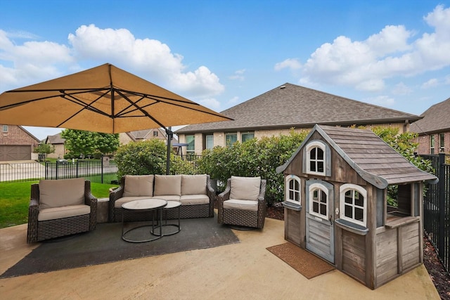 618 Race Dr, Heath, TX 75126 - view of patio / terrace featuring fence, an outdoor hangout area, and an outdoor structure