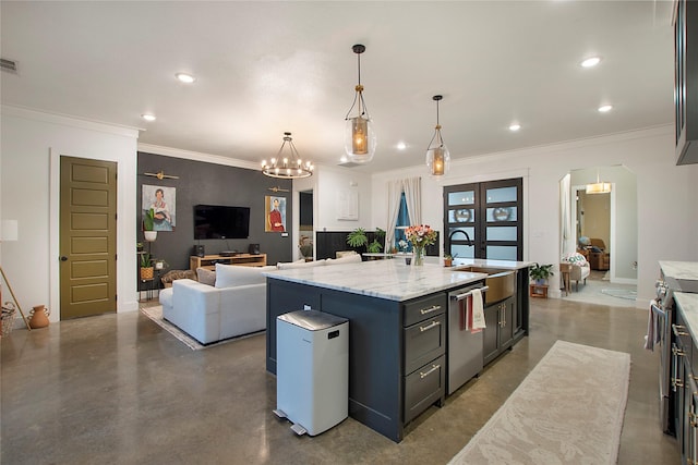 kitchen with a sink, stainless steel appliances, finished concrete floors, recessed lighting, and arched walkways