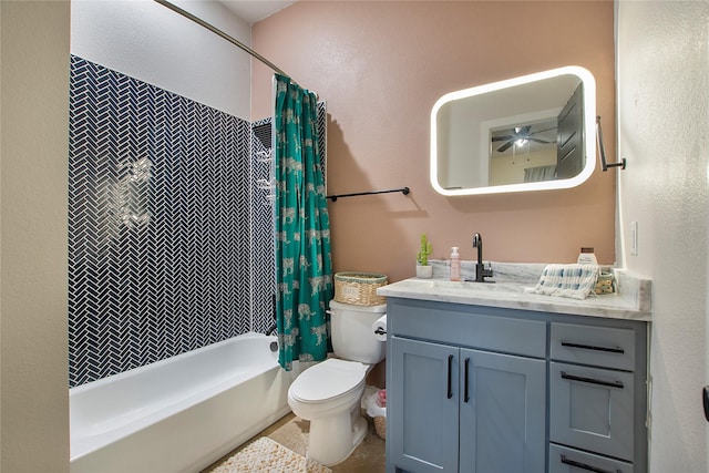full bathroom featuring shower / tub combo, toilet, vanity, and a ceiling fan