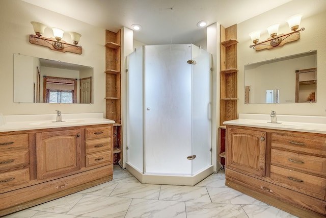 41 Crestline Ct, Nocona, TX 76255 - bathroom featuring marble look tiles, a stall shower, two vanities, and recessed lighting