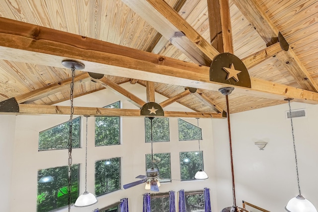 41 Crestline Ct, Nocona, TX 76255 - detailed view of wood ceiling, beamed ceiling, and ceiling fan