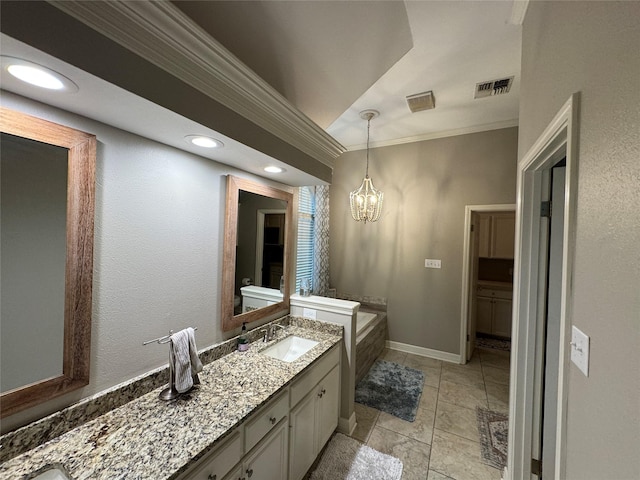 full bathroom with crown molding, a chandelier, vanity, a bath, and baseboards