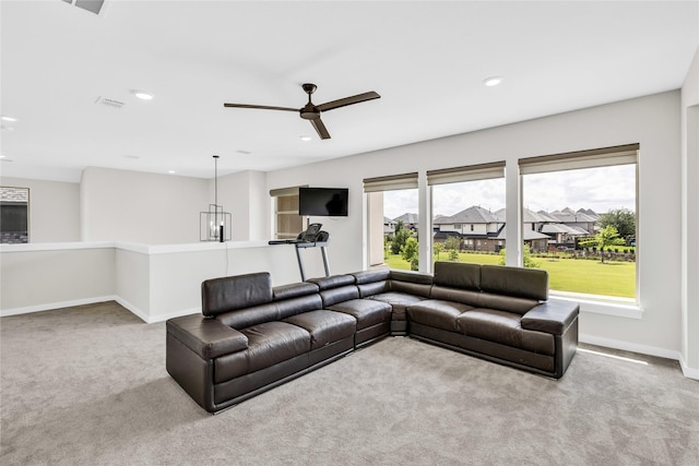 5160 Statesman Ln, Frisco, TX 75036 - living area featuring carpet floors, ceiling fan, baseboards, and recessed lighting