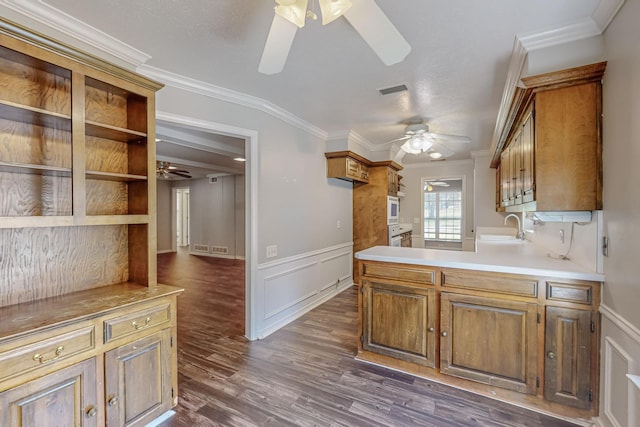 kitchen with ceiling fan, a sink, ornamental molding, light countertops, and dark wood-type flooring