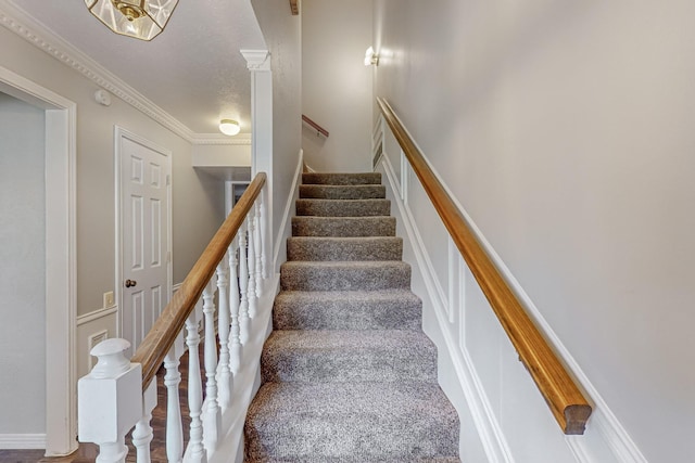 stairs featuring a decorative wall, ornamental molding, and carpet