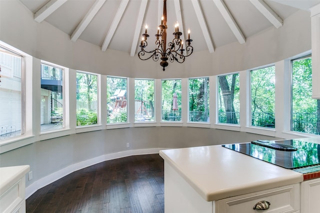 410 E Beady Rd, Arlington, TX 76006 - unfurnished sunroom with baseboards, beam ceiling, hardwood / wood-style flooring, high vaulted ceiling, and a chandelier