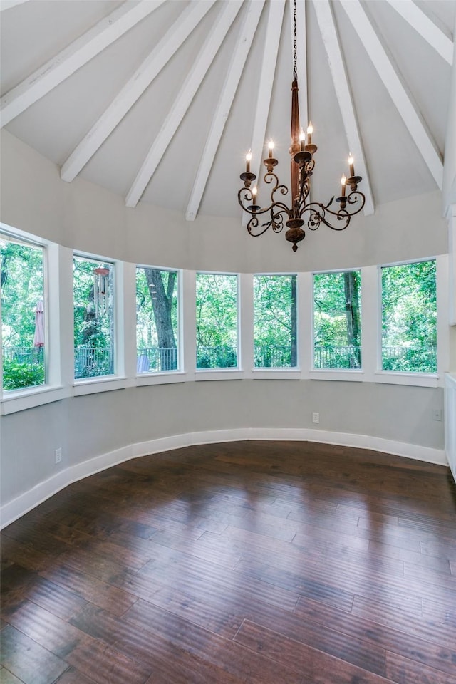 410 E Beady Rd, Arlington, TX 76006 - spare room with beamed ceiling, a chandelier, baseboards, hardwood / wood-style floors, and high vaulted ceiling