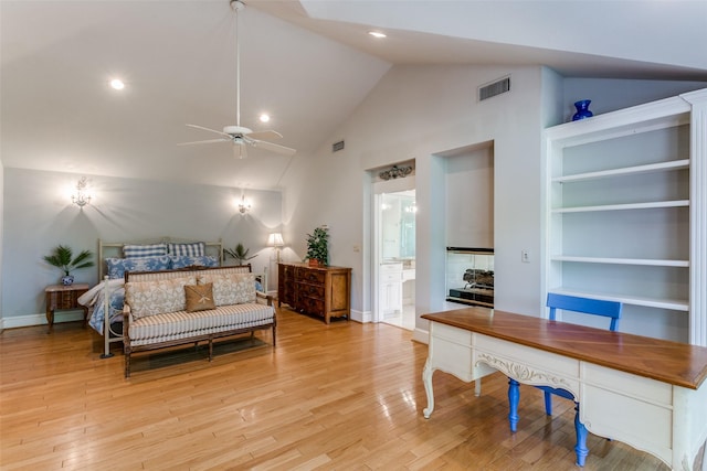 410 E Beady Rd, Arlington, TX 76006 - bedroom with light wood-type flooring, baseboards, recessed lighting, high vaulted ceiling, and connected bathroom