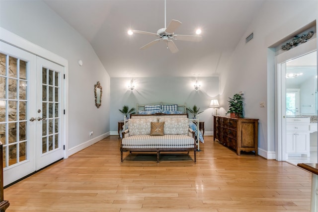 410 E Beady Rd, Arlington, TX 76006 - bedroom with vaulted ceiling, french doors, light wood-style flooring, access to exterior, and baseboards