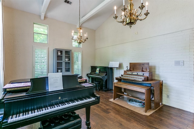 410 E Beady Rd, Arlington, TX 76006 - miscellaneous room featuring a chandelier, high vaulted ceiling, beam ceiling, and wood finished floors