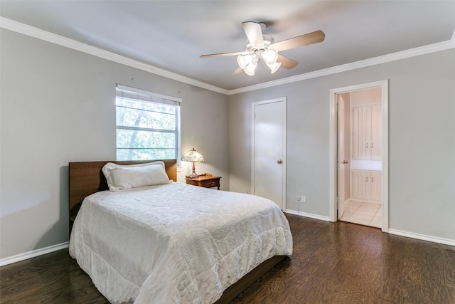 410 E Beady Rd, Arlington, TX 76006 - bedroom with wood finished floors, baseboards, ornamental molding, ensuite bath, and ceiling fan