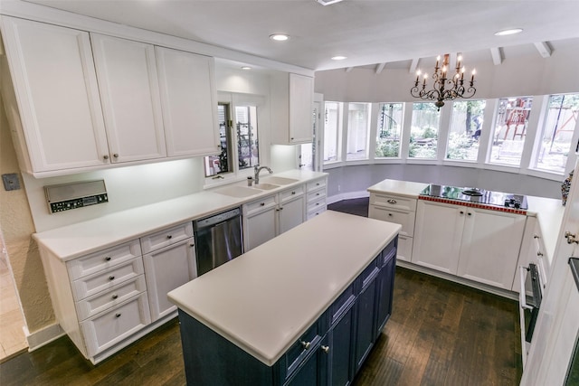 410 E Beady Rd, Arlington, TX 76006 - kitchen featuring stainless steel dishwasher, dark wood-style floors, black electric stovetop, a kitchen island, and white cabinets