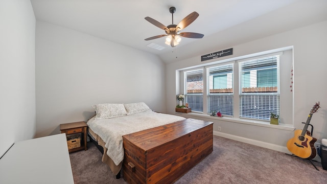bedroom with carpet floors, baseboards, and a ceiling fan