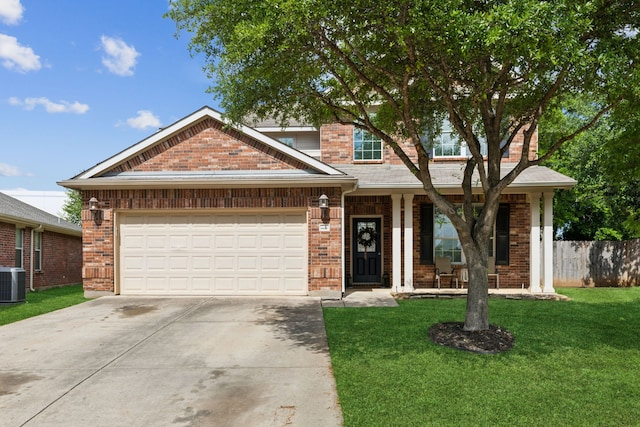 view of front of property with driveway, brick siding, a garage, and covered porch