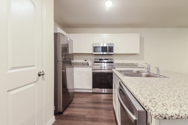 510 E Shepherd St, Denison, TX 75021 - kitchen featuring stainless steel appliances, a sink, dark wood-type flooring, and white cabinetry