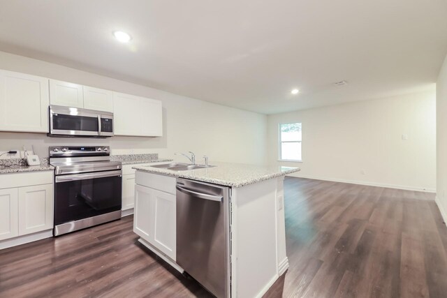 510 E Shepherd St, Denison, TX 75021 - kitchen with appliances with stainless steel finishes, a sink, dark wood-type flooring, white cabinetry, and recessed lighting