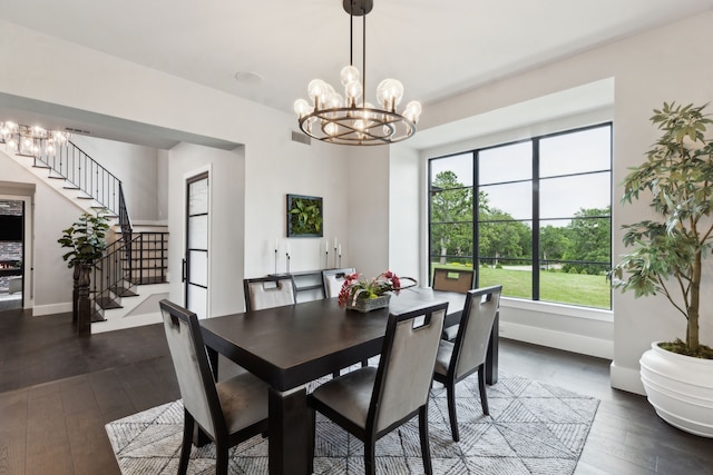 1210 Emerald Sound Blvd, Oak Point, TX 75068 - dining room featuring a chandelier, dark wood-style flooring, stairway, and baseboards