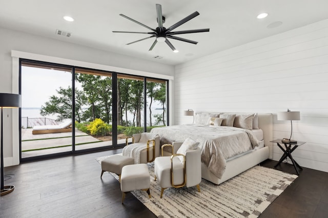 1210 Emerald Sound Blvd, Oak Point, TX 75068 - bedroom featuring access to exterior, wood finished floors, recessed lighting, and ceiling fan