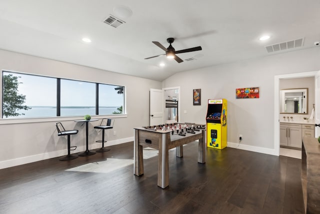 1210 Emerald Sound Blvd, Oak Point, TX 75068 - rec room with a ceiling fan, baseboards, dark wood finished floors, recessed lighting, and lofted ceiling