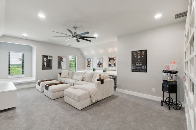 1210 Emerald Sound Blvd, Oak Point, TX 75068 - carpeted living area with plenty of natural light, recessed lighting, a ceiling fan, baseboards, and vaulted ceiling