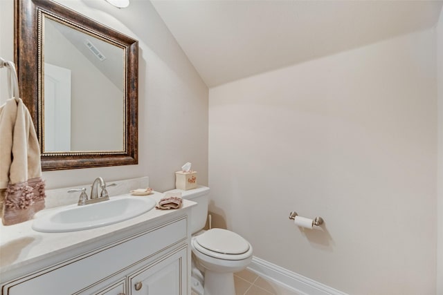 1537 Firenza Ct, Mclendon Chisholm, TX 75032 - half bathroom with toilet, vanity, vaulted ceiling, tile patterned flooring, and baseboards