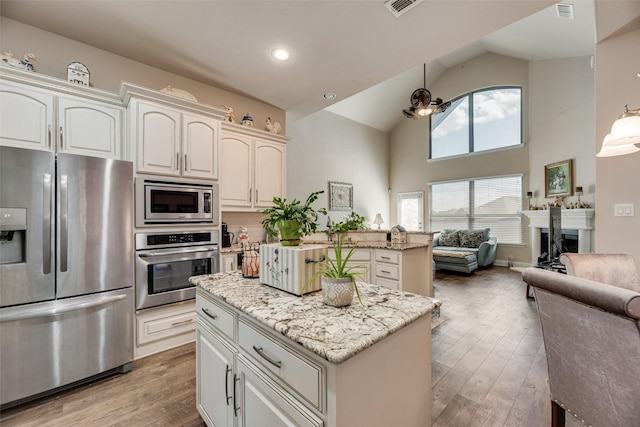 1537 Firenza Ct, Mclendon Chisholm, TX 75032 - kitchen with appliances with stainless steel finishes, open floor plan, light wood finished floors, a peninsula, and high vaulted ceiling